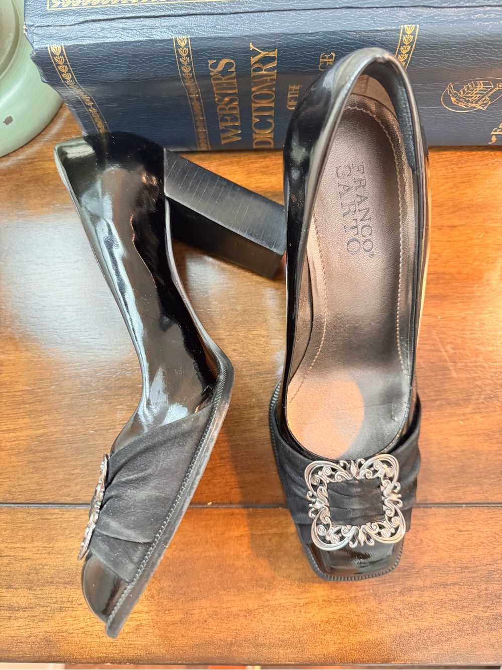 Franco Sarto Black Patent Peep-Toe Heels with Decorative Buckle - Picture 8 of 10